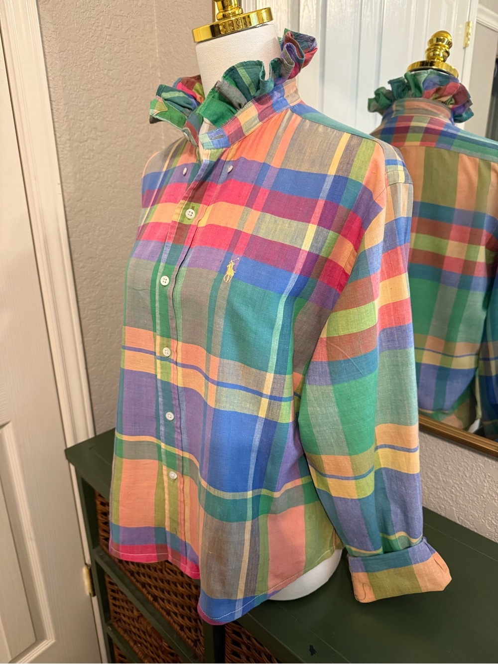 Ralph Lauren Ruffle Collar Pastel Multi-Color Plaid Button-Down Shirt - Picture 5 of 9